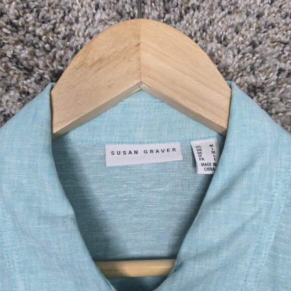 Susan Graver Top Womens Medium Blue Linen Blend Button Up Roll Tab Sleeve Ladies - Picture 6 of 7